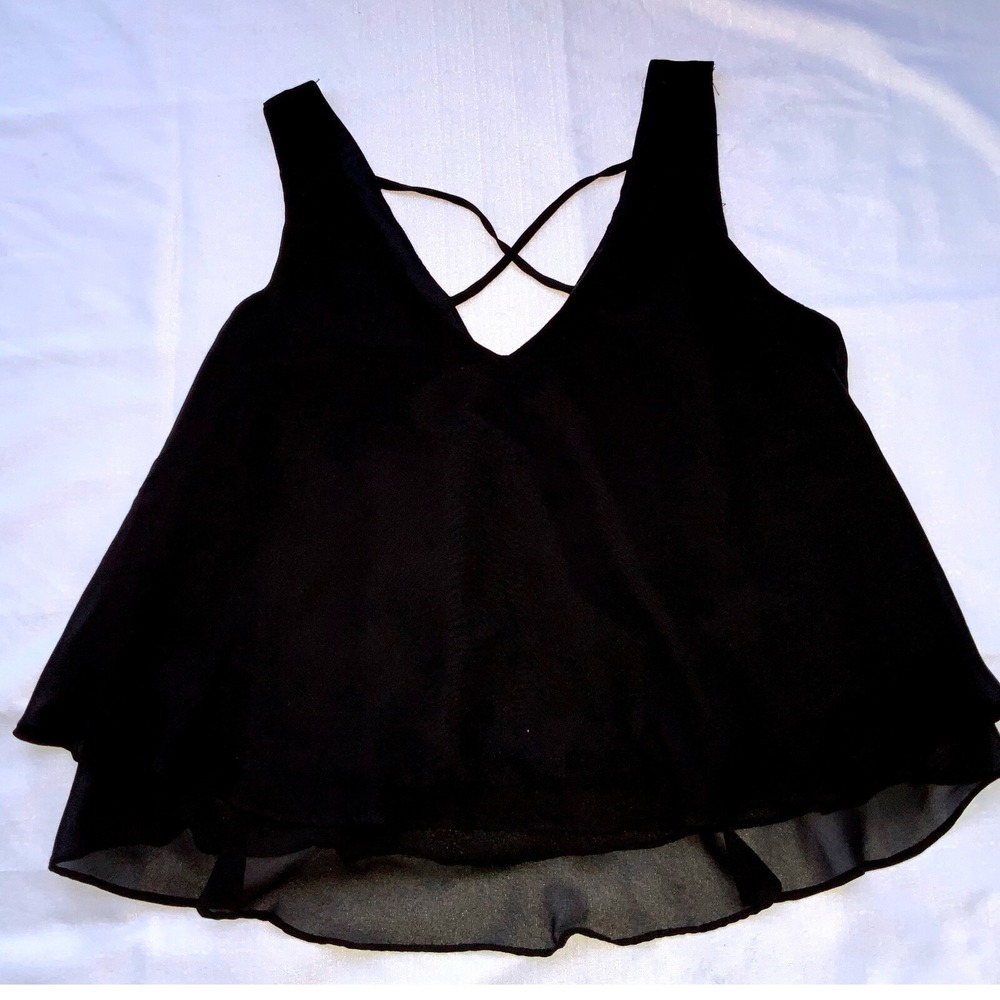 Decree Black Tank Top Criss Cross Back Sleeveless Flowing‎ Layered Hem Medium